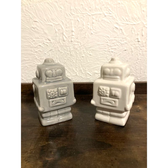 unknown Other - Retro Gray & White Ceramic Robot Figurines - Robot Couple